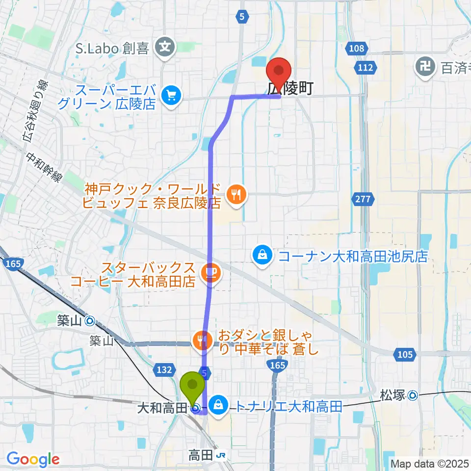 大和高田駅からニュービートスタジオへのルートマップ地図