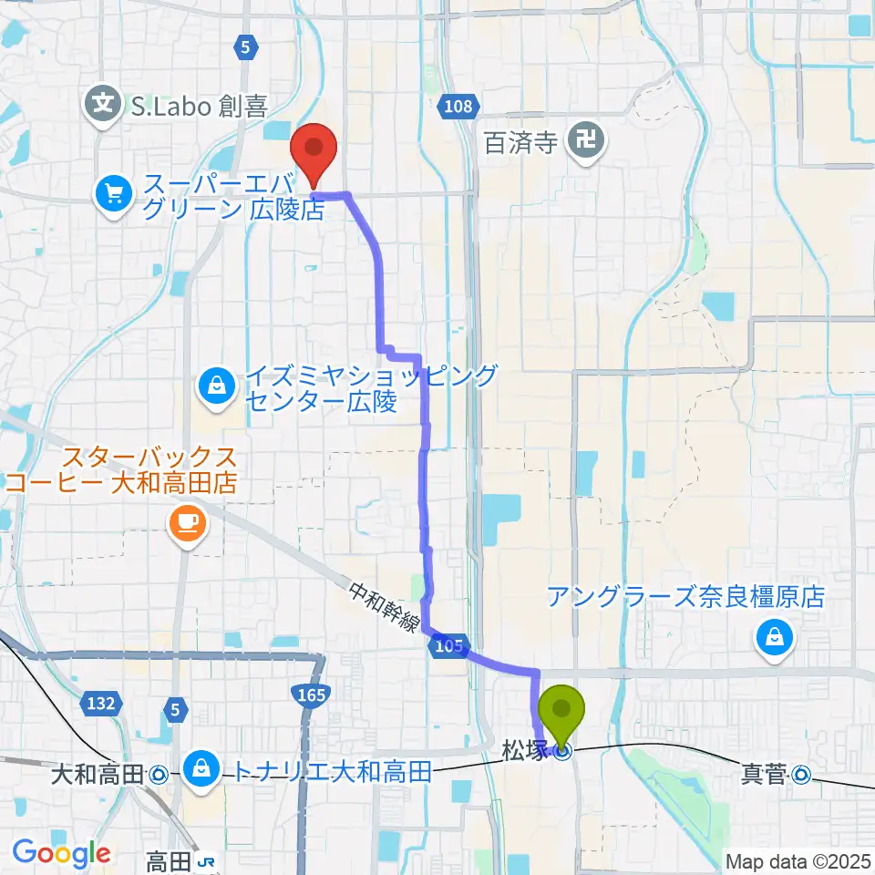 松塚駅からニュービートスタジオへのルートマップ地図
