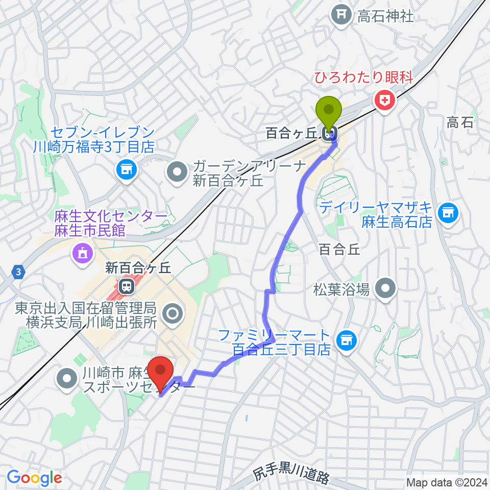 百合ヶ丘駅からしんゆりBASEへのルートマップ地図