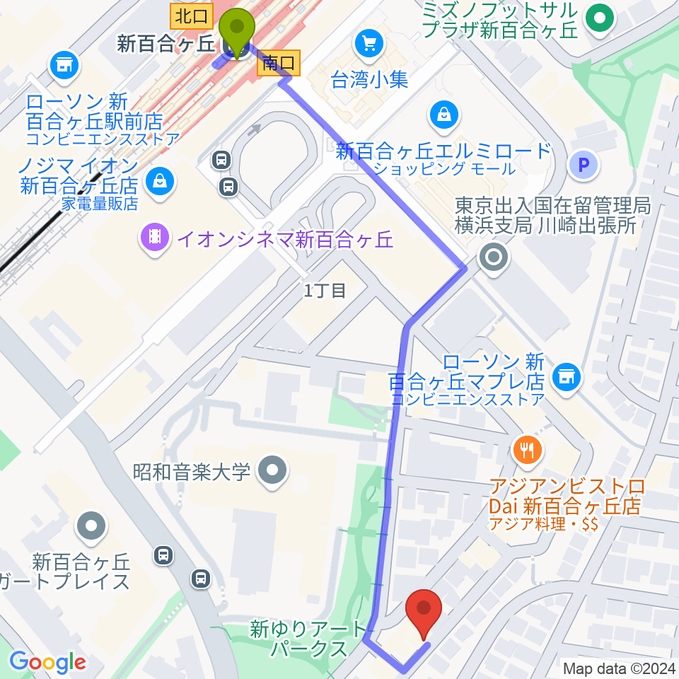 しんゆりBASEの最寄駅新百合ヶ丘駅からの徒歩ルート（約7分）地図