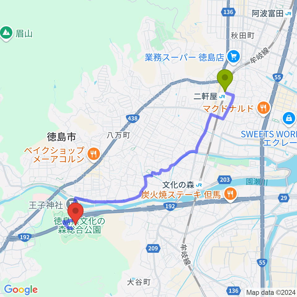 二軒屋駅から徳島県立博物館へのルートマップ地図