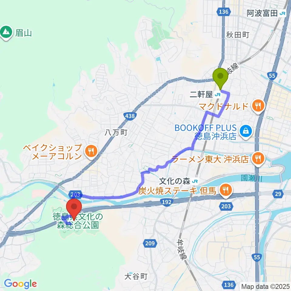 二軒屋駅から徳島県立博物館へのルートマップ地図