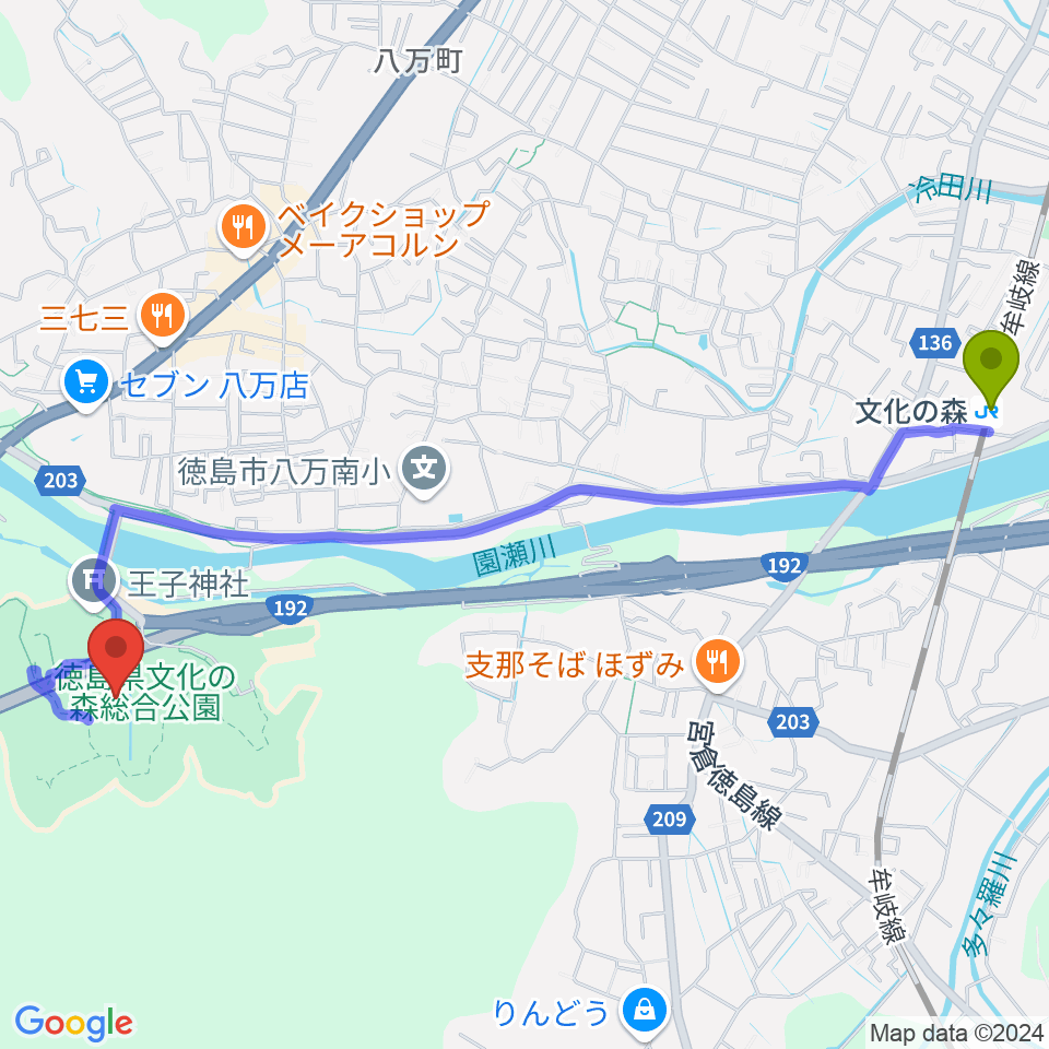 徳島県立博物館の最寄駅文化の森駅からの徒歩ルート（約28分）地図