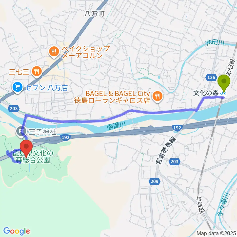 徳島県立博物館の最寄駅文化の森駅からの徒歩ルート（約28分）地図