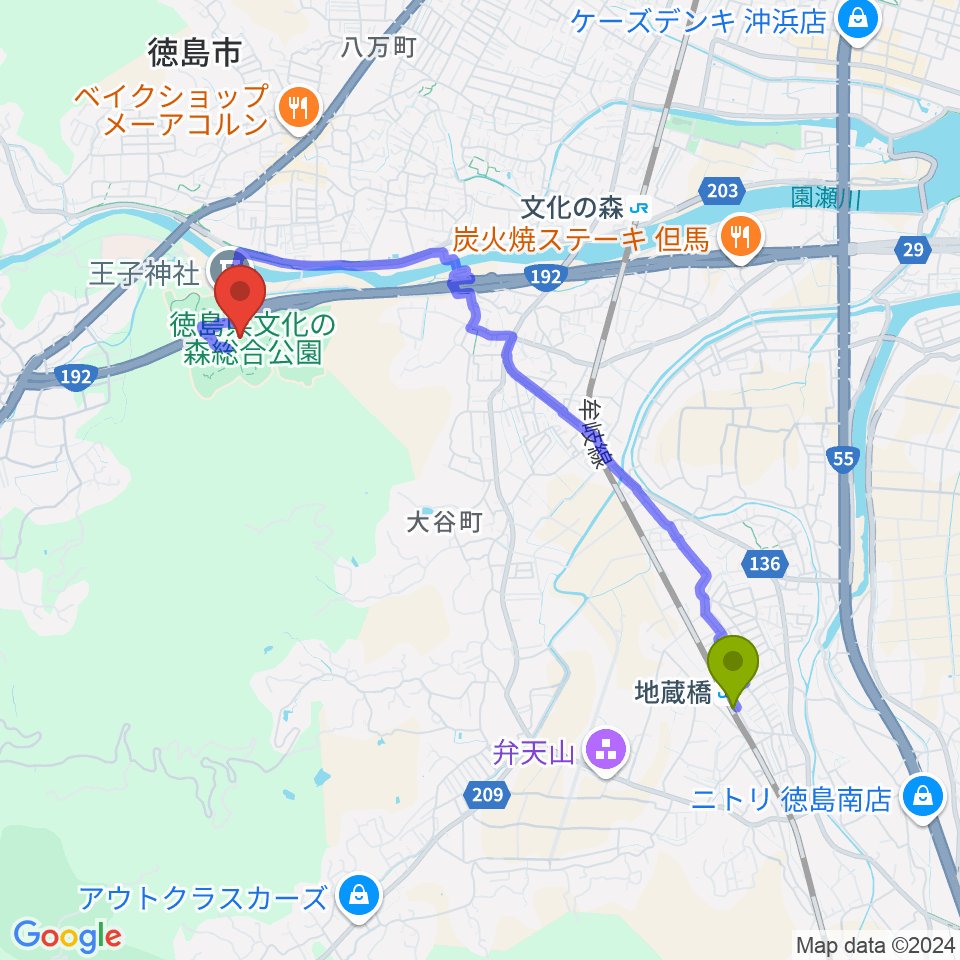 地蔵橋駅から徳島県立博物館へのルートマップ地図