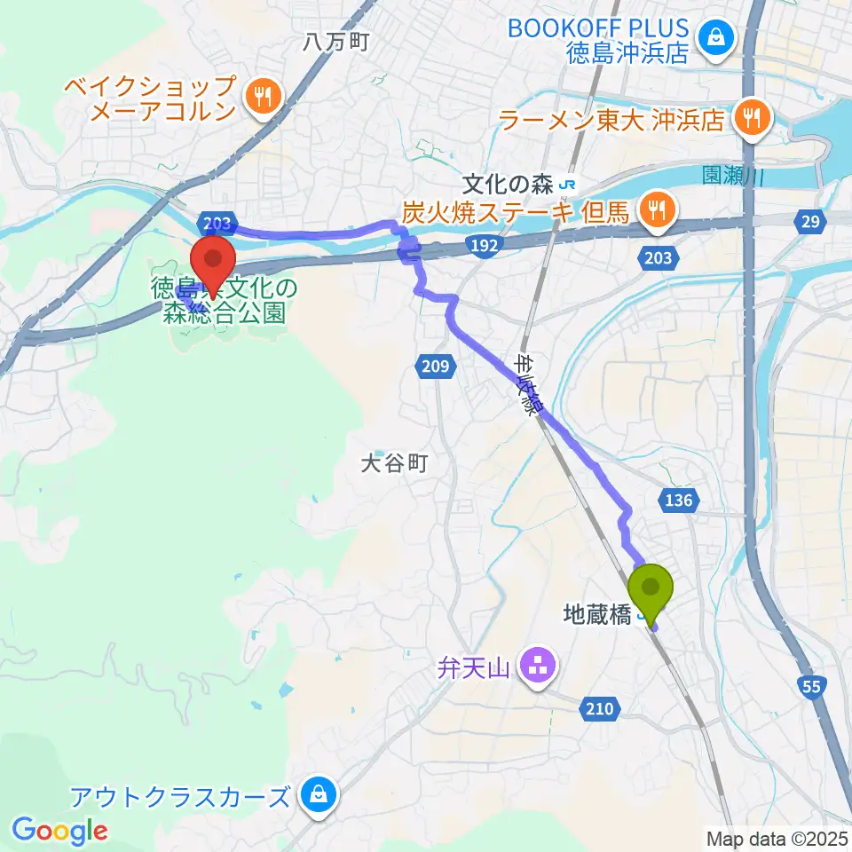 地蔵橋駅から徳島県立博物館へのルートマップ地図