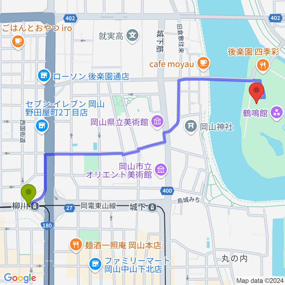 柳川駅から岡山県立博物館へのルートマップ地図