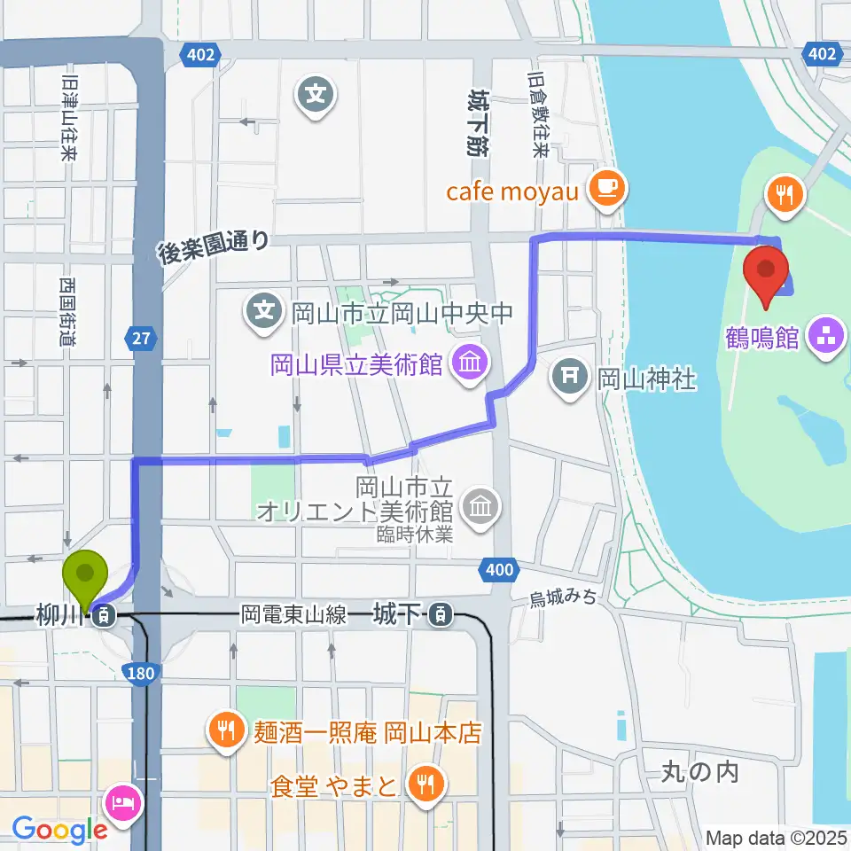 柳川駅から岡山県立博物館へのルートマップ地図