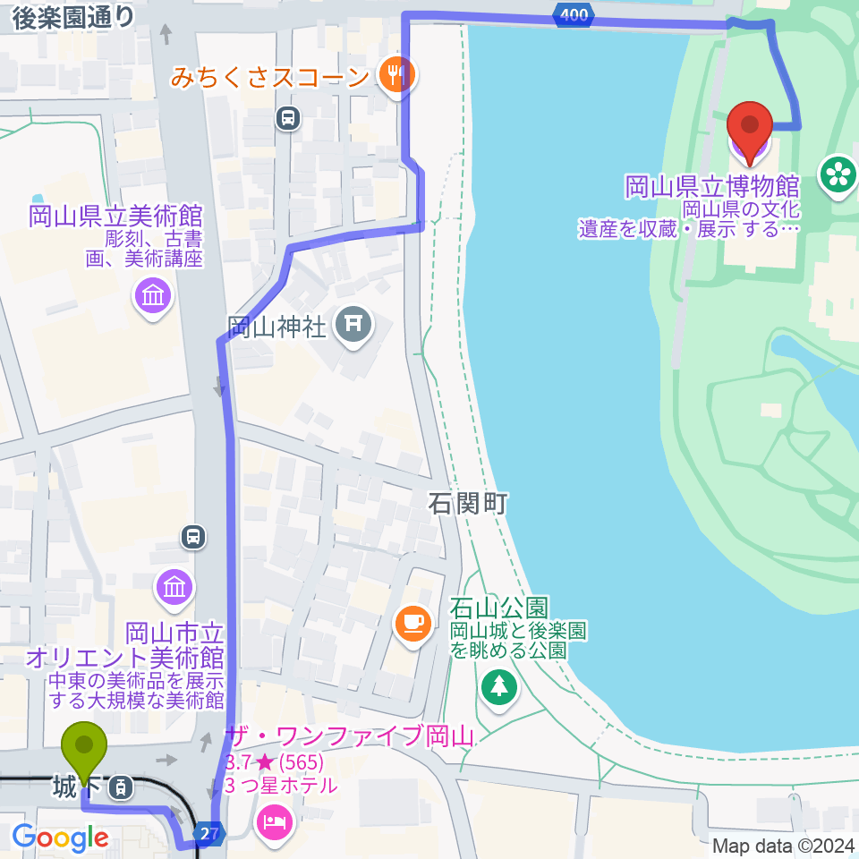 岡山県立博物館の最寄駅城下駅からの徒歩ルート（約8分）地図