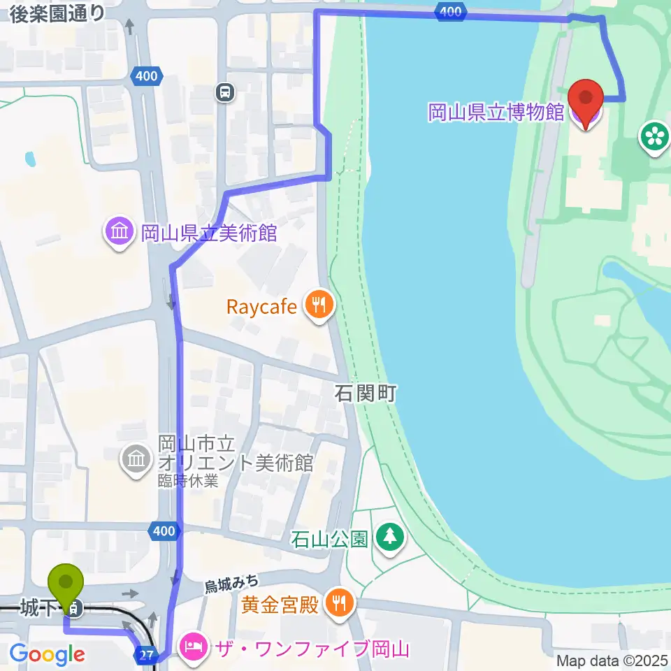 岡山県立博物館の最寄駅城下駅からの徒歩ルート（約8分）地図