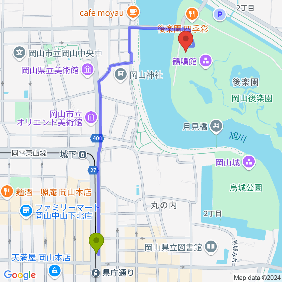 県庁通り駅から岡山県立博物館へのルートマップ地図