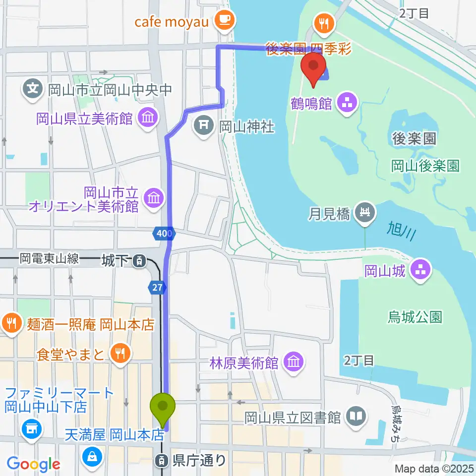 県庁通り駅から岡山県立博物館へのルートマップ地図