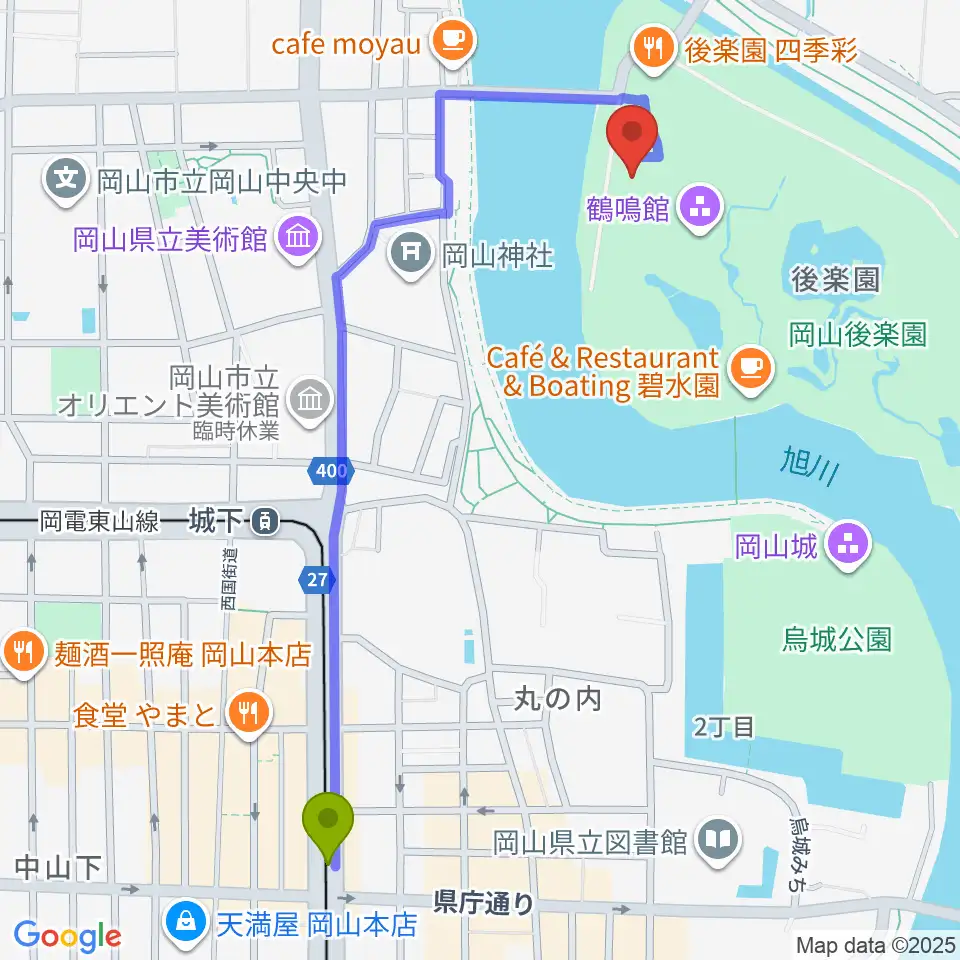 県庁通り駅から岡山県立博物館へのルートマップ地図