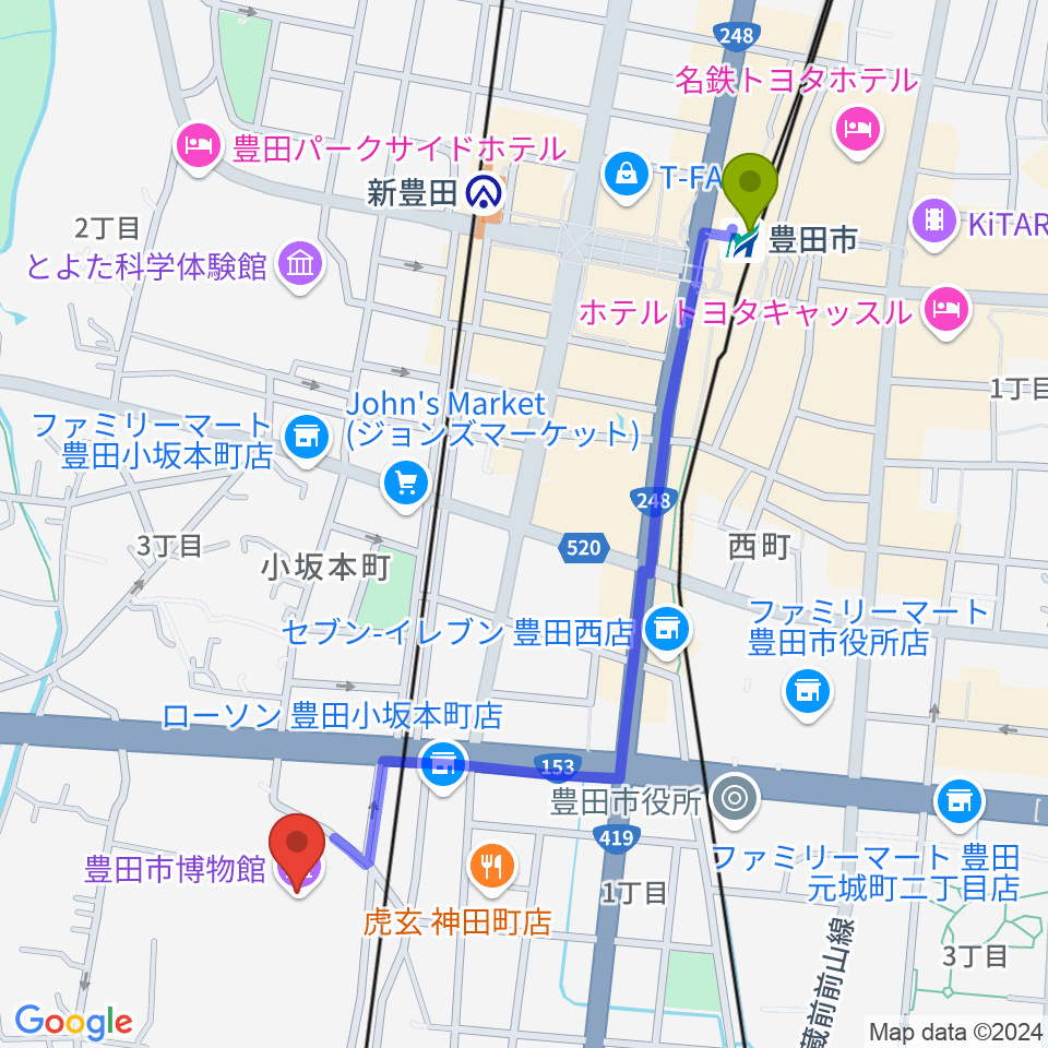 豊田市駅から豊田市博物館へのルートマップ地図