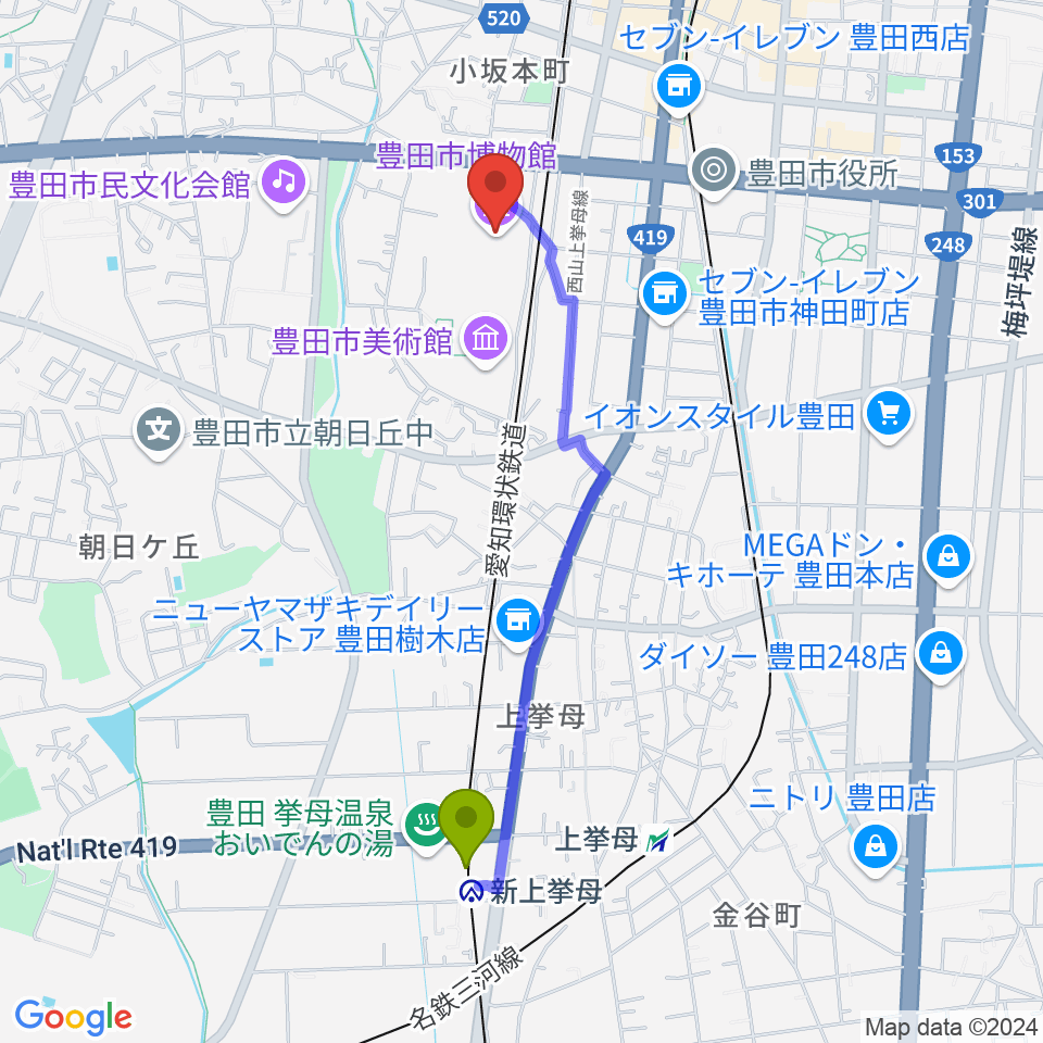 新上挙母駅から豊田市博物館へのルートマップ地図