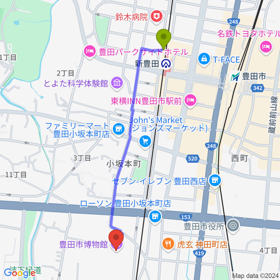 豊田市博物館の最寄駅新豊田駅からの徒歩ルート（約11分）地図