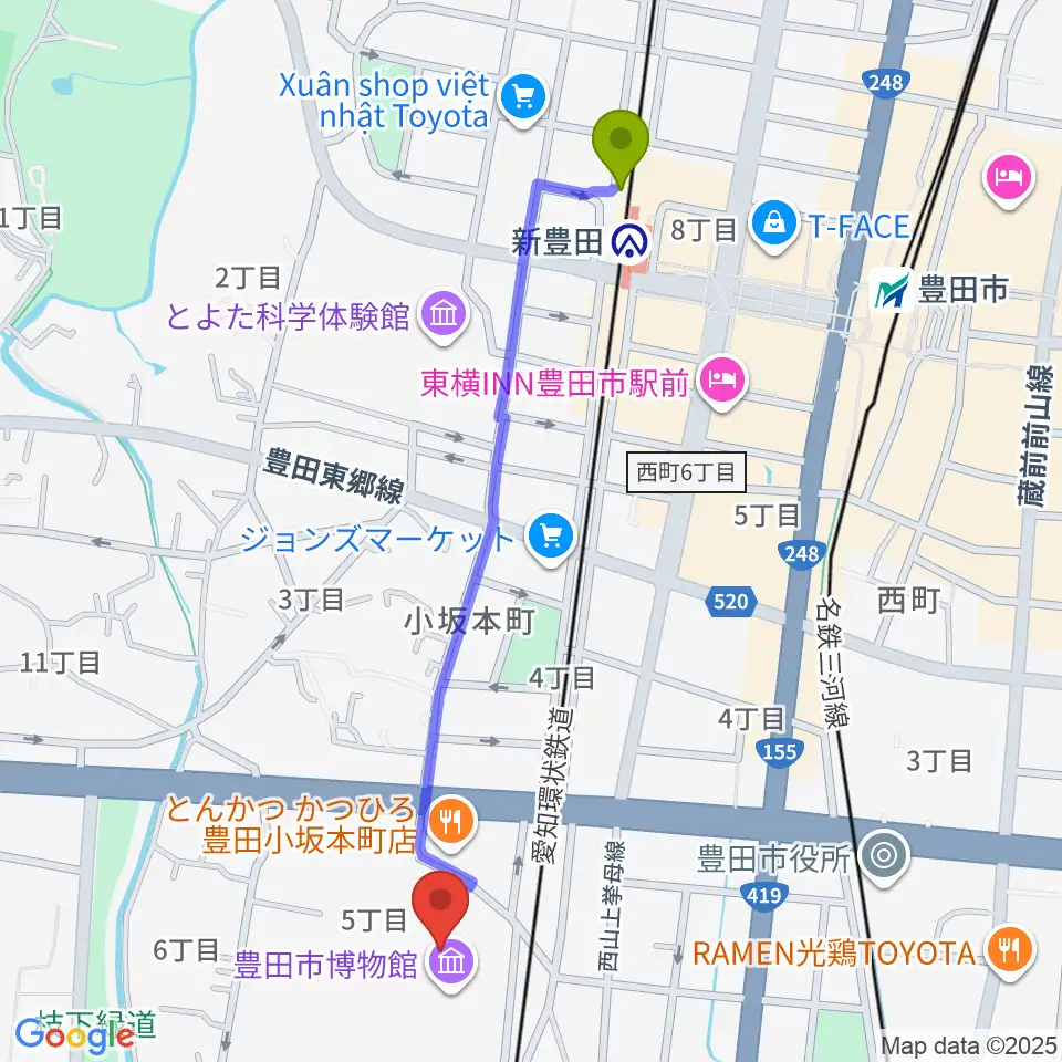 豊田市博物館の最寄駅新豊田駅からの徒歩ルート（約11分）地図