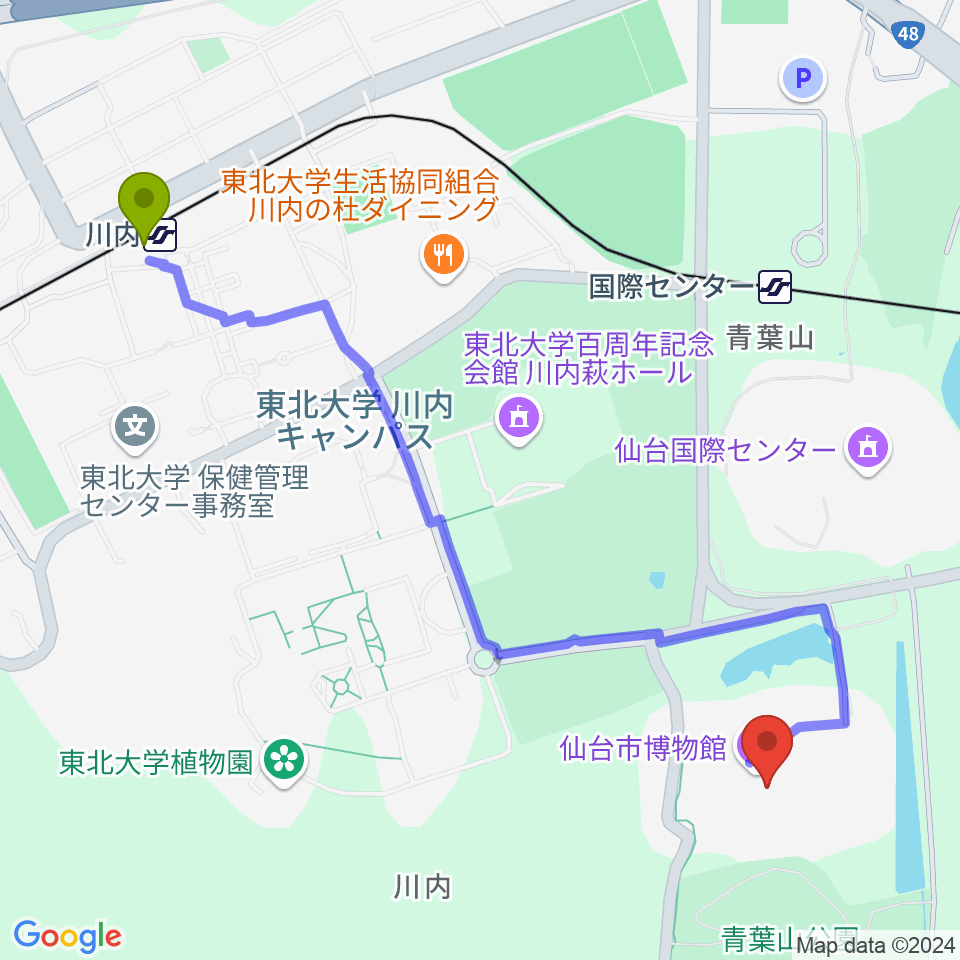 川内駅から仙台市博物館へのルートマップ地図