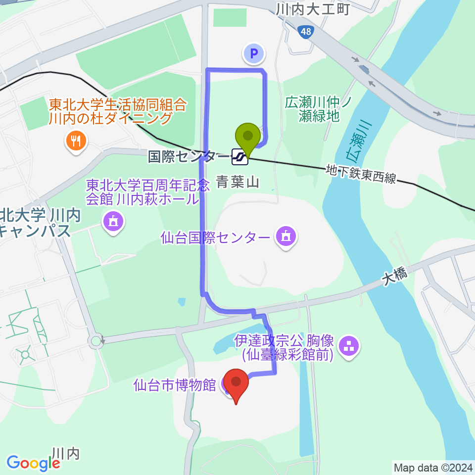 仙台市博物館の最寄駅国際センター駅からの徒歩ルート（約8分）地図