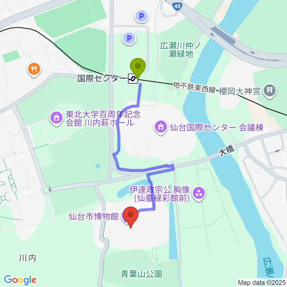 仙台市博物館の最寄駅国際センター駅からの徒歩ルート（約8分）地図