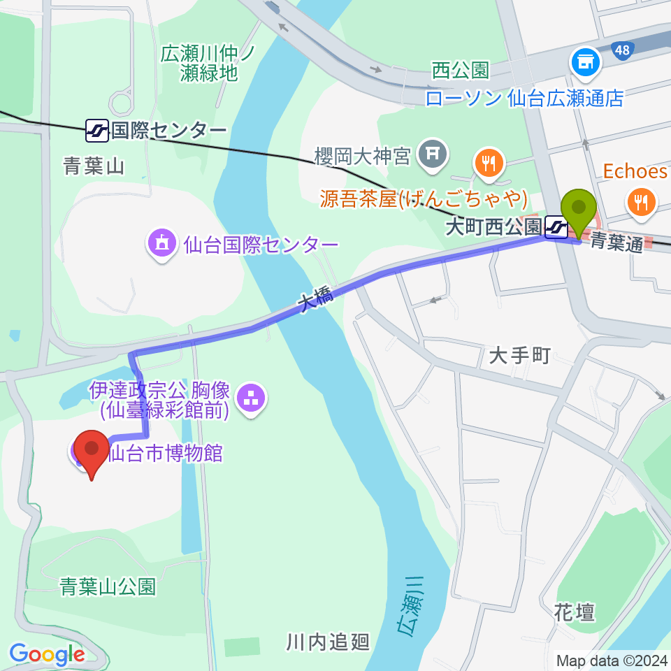 大町西公園駅から仙台市博物館へのルートマップ地図