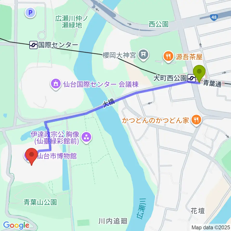大町西公園駅から仙台市博物館へのルートマップ地図