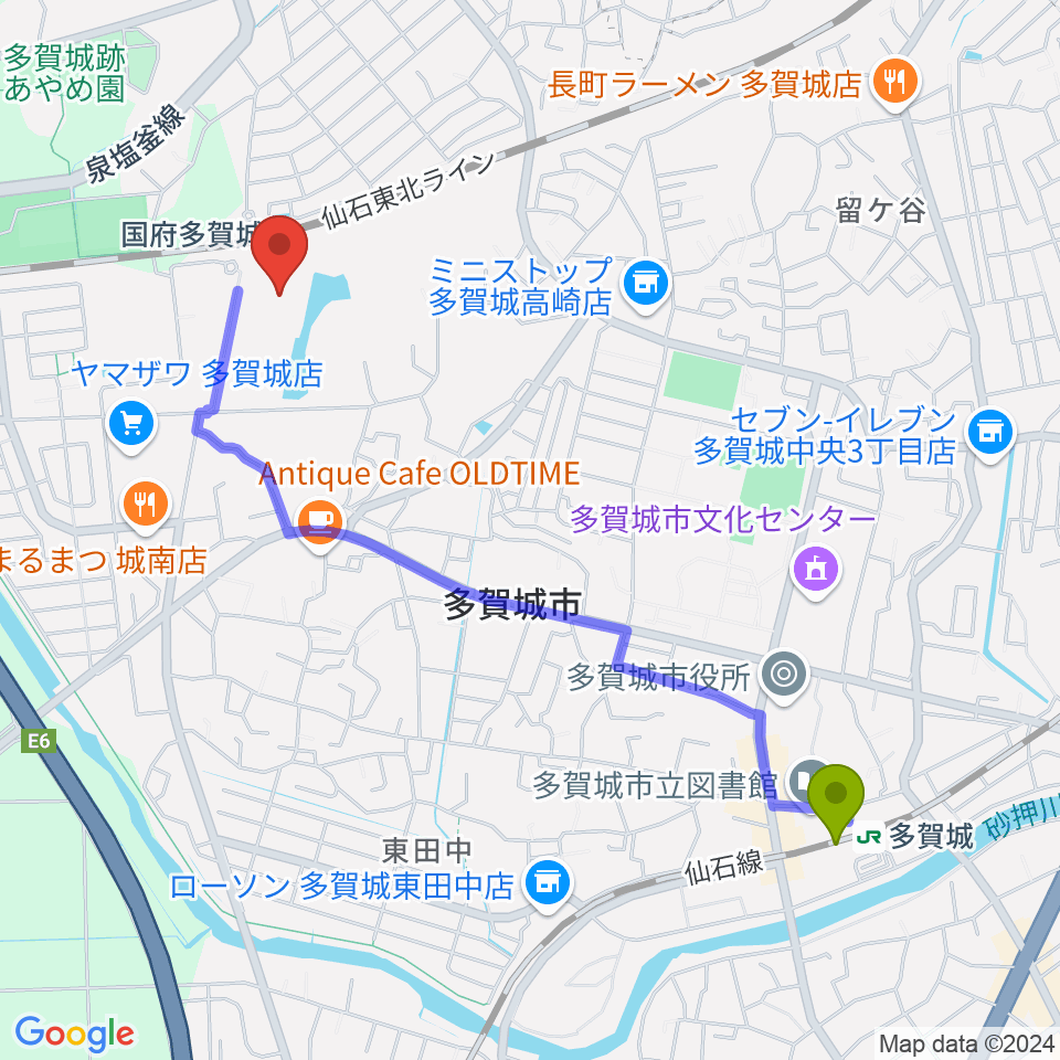 多賀城駅から東北歴史博物館へのルートマップ地図