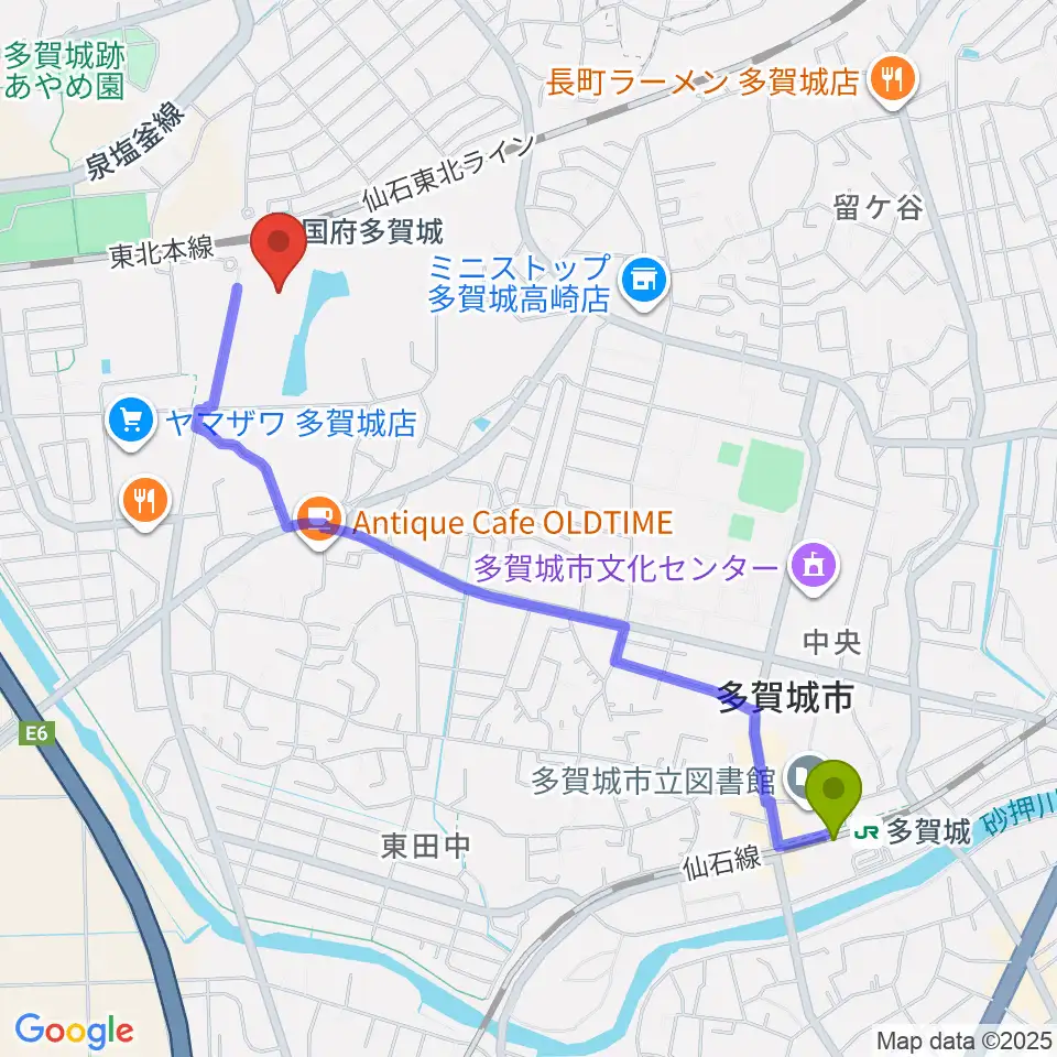 多賀城駅から東北歴史博物館へのルートマップ地図