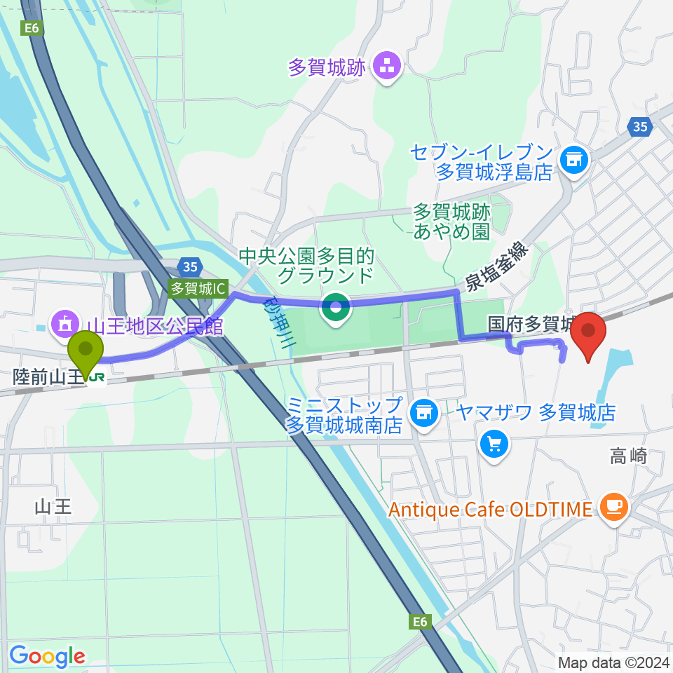 陸前山王駅から東北歴史博物館へのルートマップ地図