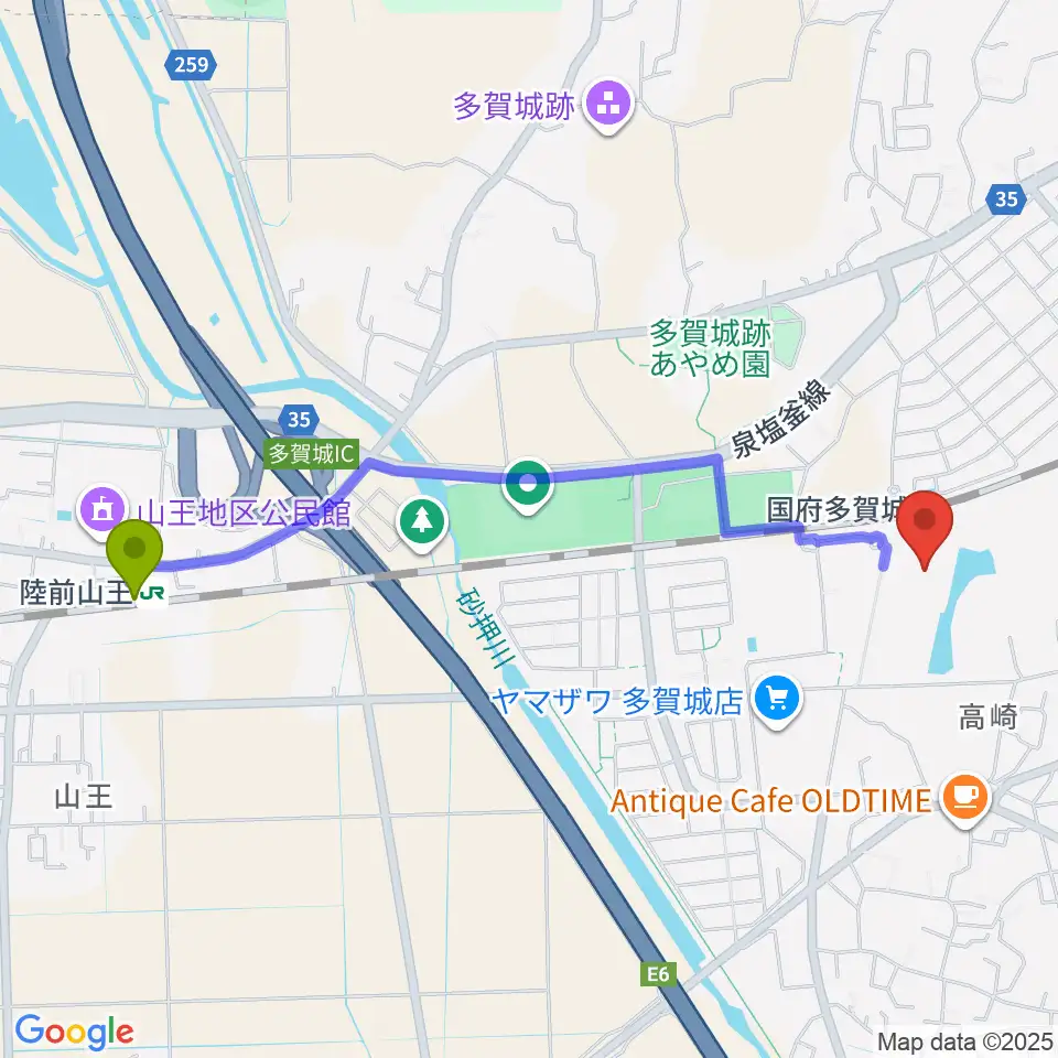 陸前山王駅から東北歴史博物館へのルートマップ地図