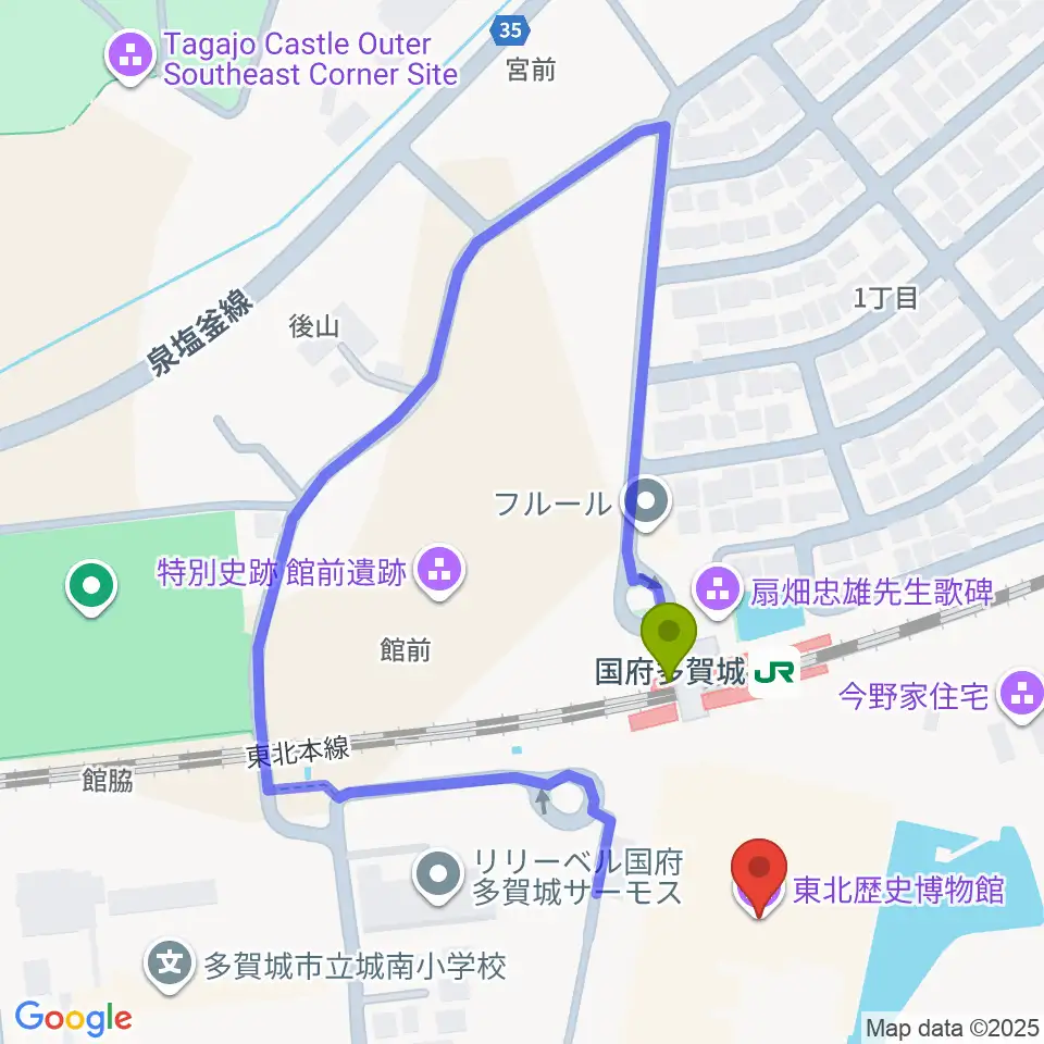 東北歴史博物館の最寄駅国府多賀城駅からの徒歩ルート（約2分）地図