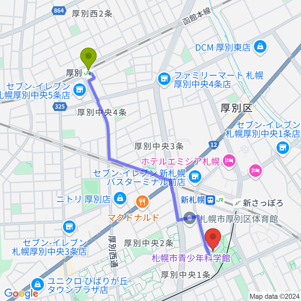 厚別駅から札幌市青少年科学館へのルートマップ地図