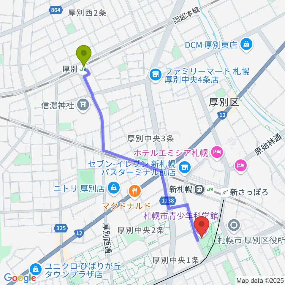 厚別駅から札幌市青少年科学館へのルートマップ地図