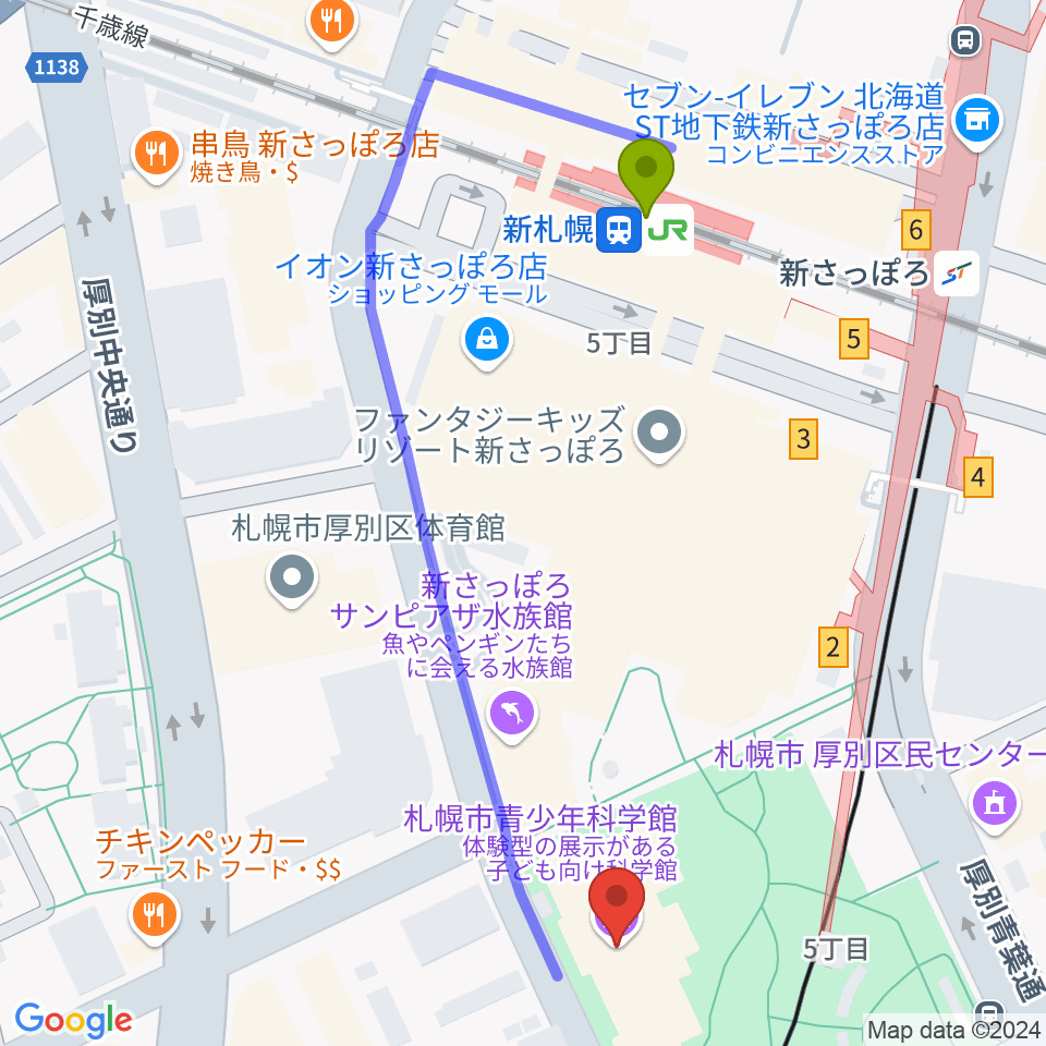 札幌市青少年科学館の最寄駅新札幌駅からの徒歩ルート（約5分）地図