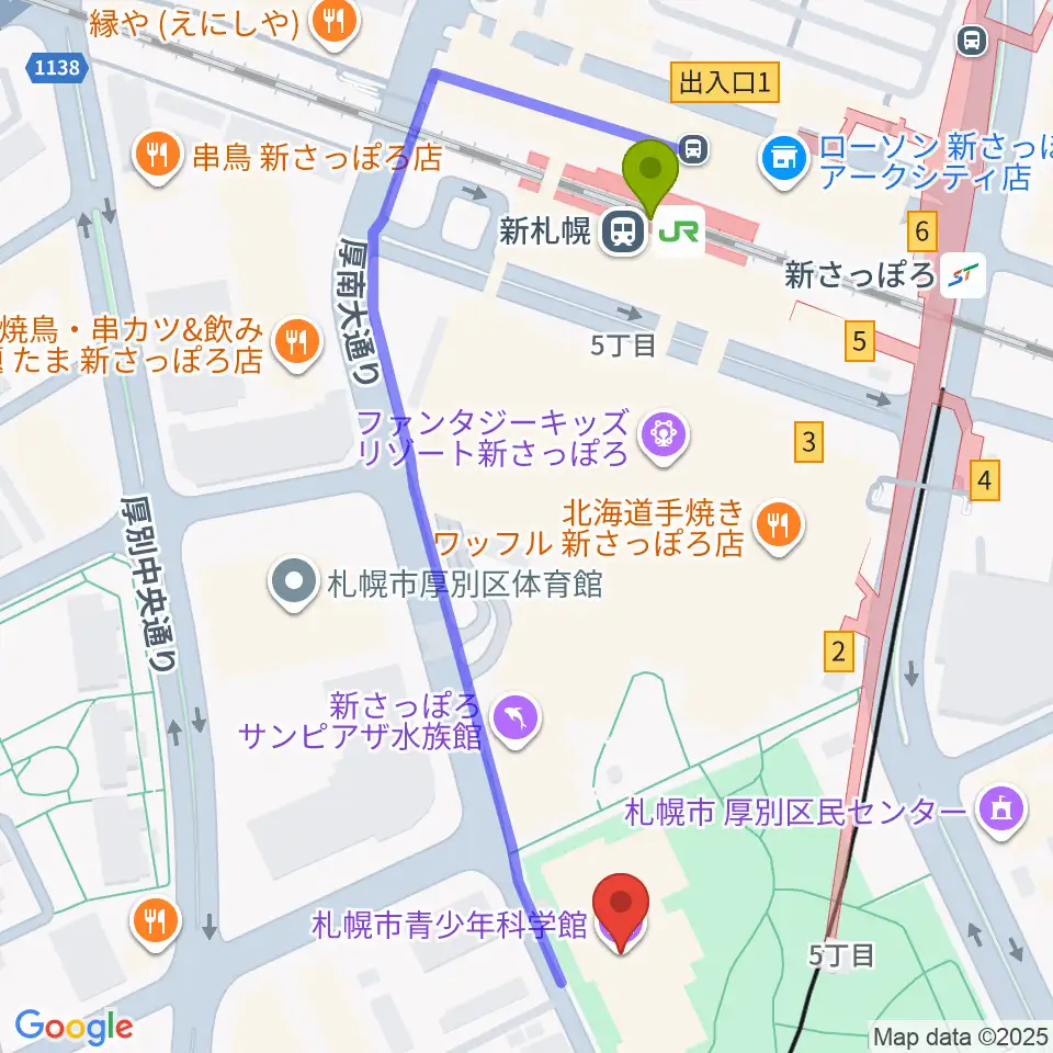 札幌市青少年科学館の最寄駅新札幌駅からの徒歩ルート（約5分）地図