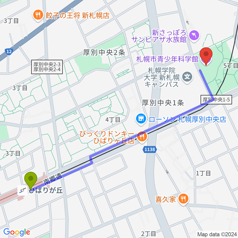 ひばりが丘駅から札幌市青少年科学館へのルートマップ地図