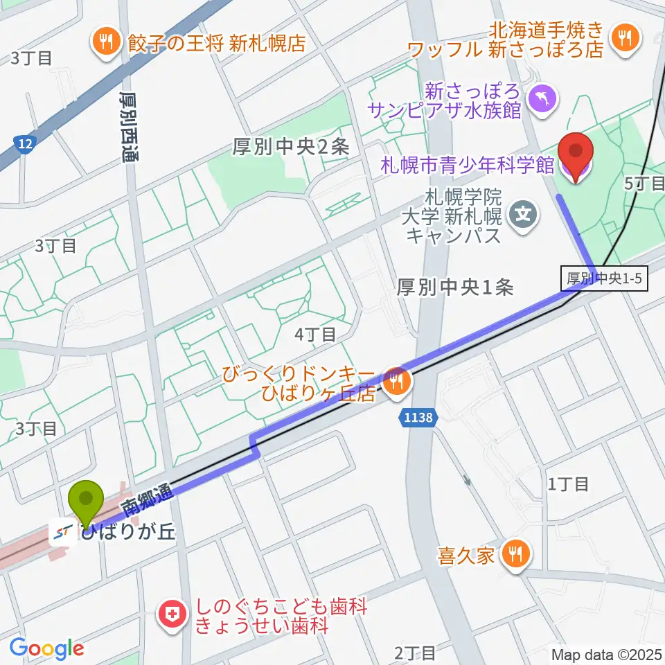 ひばりが丘駅から札幌市青少年科学館へのルートマップ地図