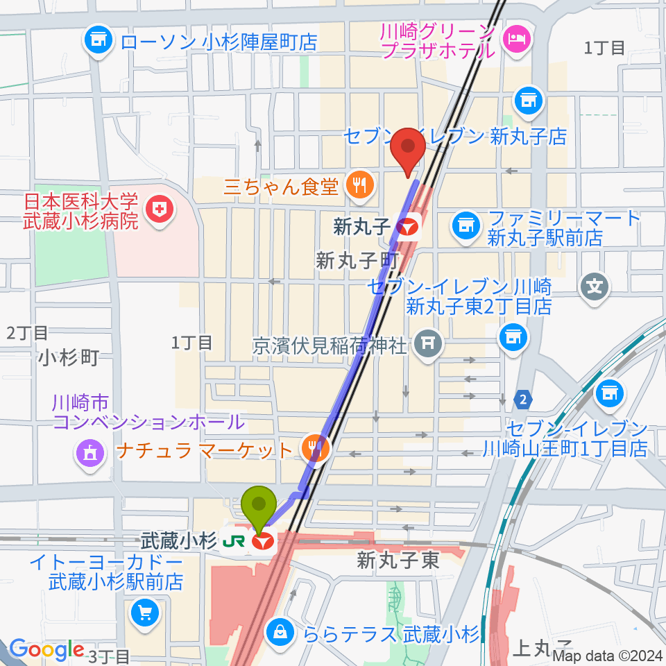 武蔵小杉駅からスタジオミュジック 新丸子店へのルートマップ地図