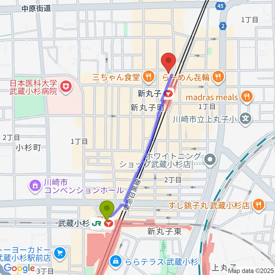 武蔵小杉駅からスタジオミュジック 新丸子店へのルートマップ地図