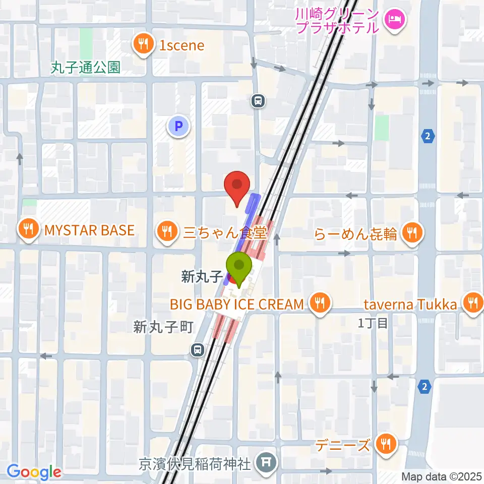 スタジオミュジック 新丸子店の最寄駅新丸子駅からの徒歩ルート（約1分）地図