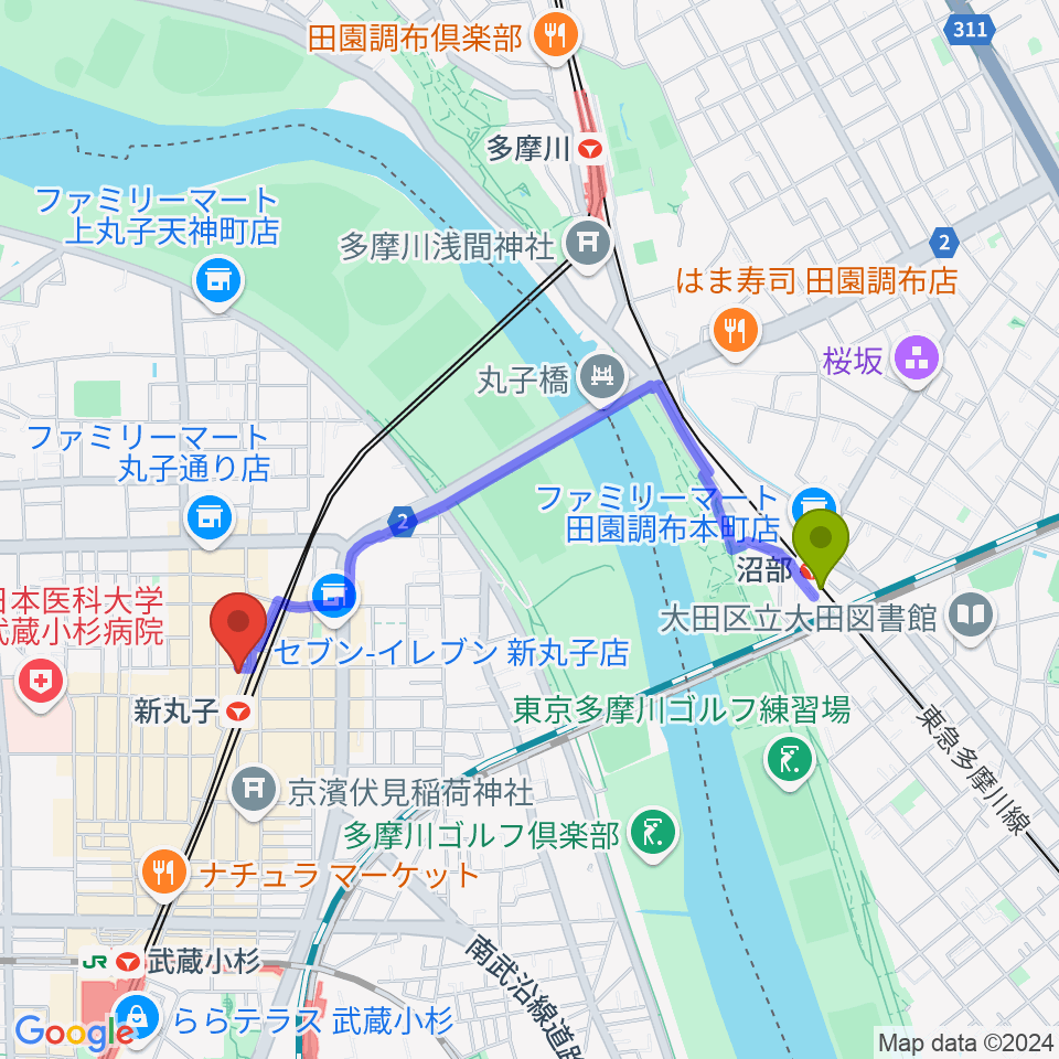 沼部駅からスタジオミュジック 新丸子店へのルートマップ地図