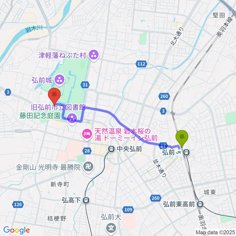 弘前駅から弘前市立博物館へのルートマップ地図