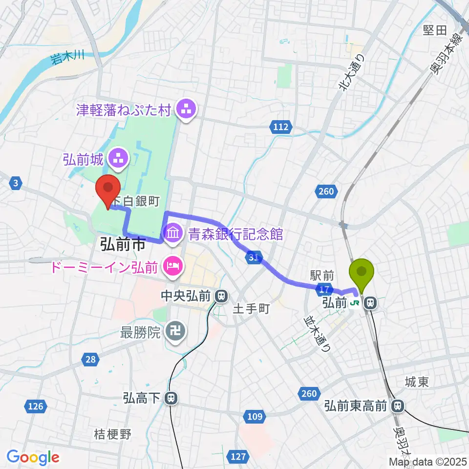 弘前駅から弘前市立博物館へのルートマップ地図