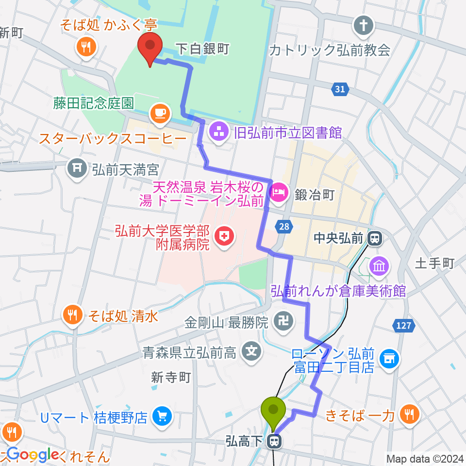 弘高下駅から弘前市立博物館へのルートマップ地図