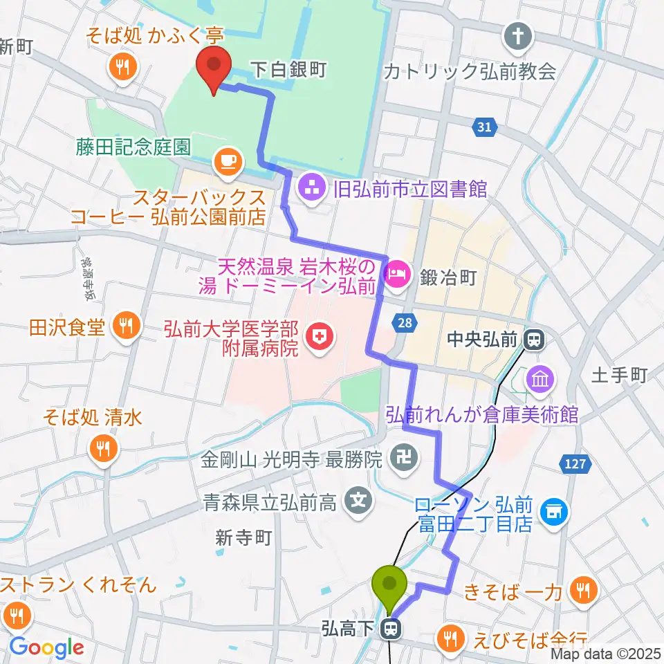 弘高下駅から弘前市立博物館へのルートマップ地図