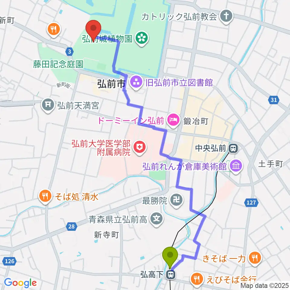 弘高下駅から弘前市立博物館へのルートマップ地図