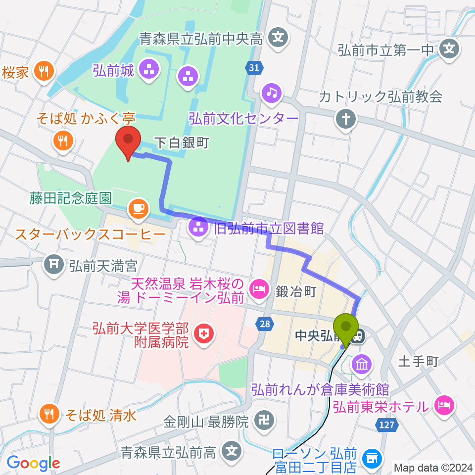 弘前市立博物館の最寄駅中央弘前駅からの徒歩ルート（約18分）地図