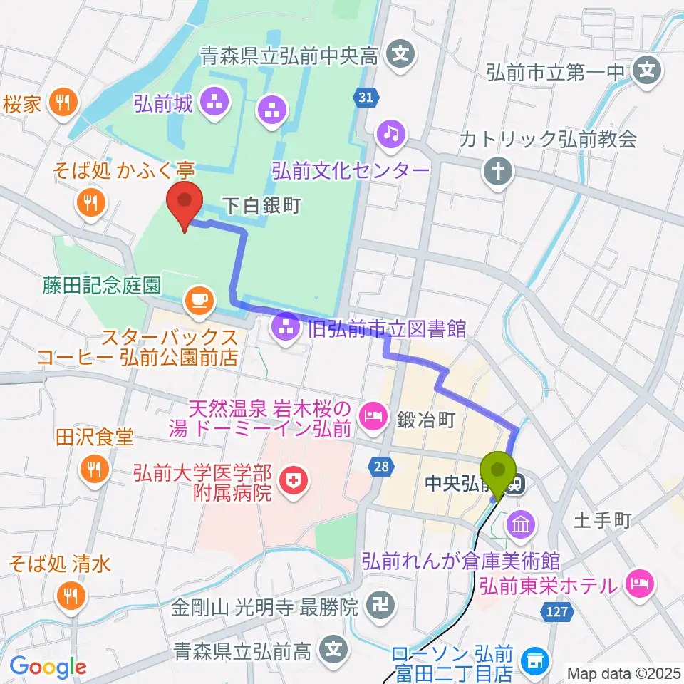 弘前市立博物館の最寄駅中央弘前駅からの徒歩ルート（約18分）地図