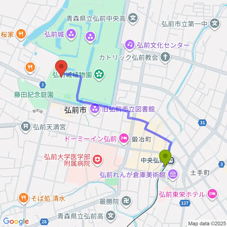 弘前市立博物館の最寄駅中央弘前駅からの徒歩ルート（約18分）地図