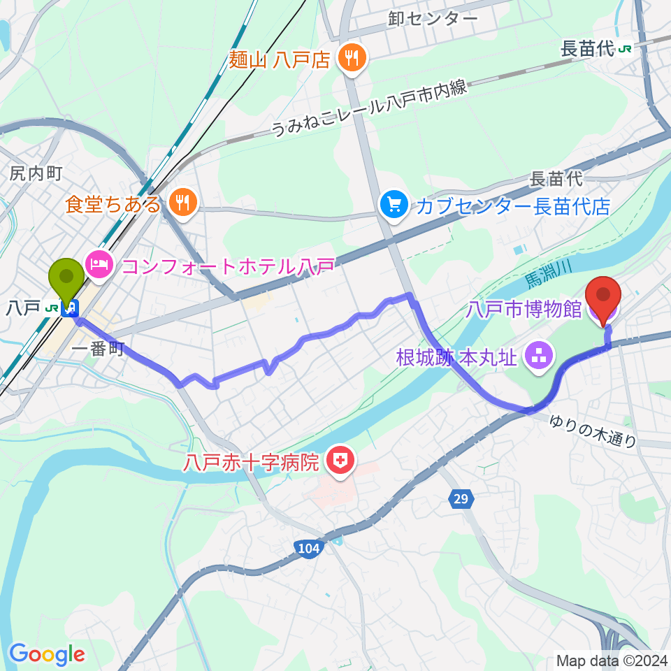 八戸駅から八戸市博物館へのルートマップ地図